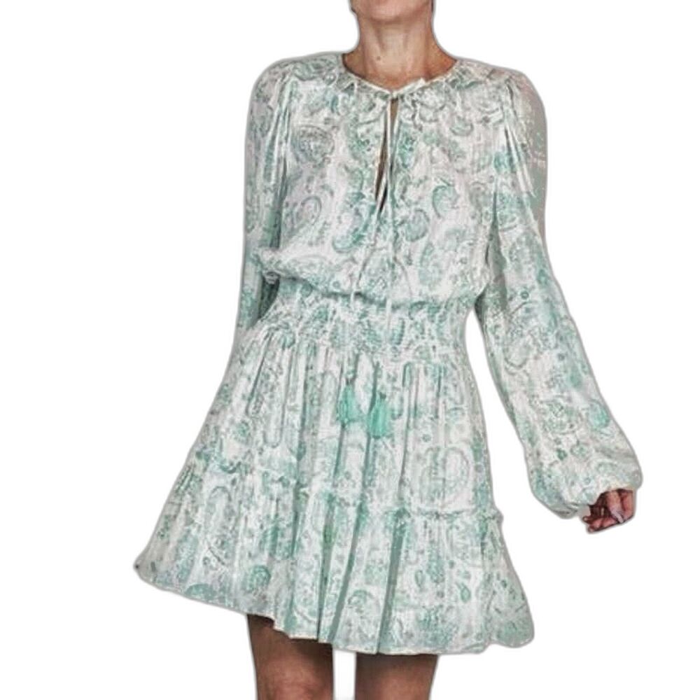 HOUSE OF HARLOW 1960 Boho Chic Paisley Green & Gold Flowing Mini Dress, Size M